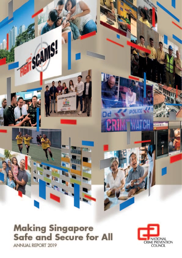 A cover design featuring a 3D collage of various community photographs, anti-scam campaign elements (such as "Let's Fight Scams!"), and "Crimewatch" scenes, accompanied by the official NCPC logo at the bottom right.